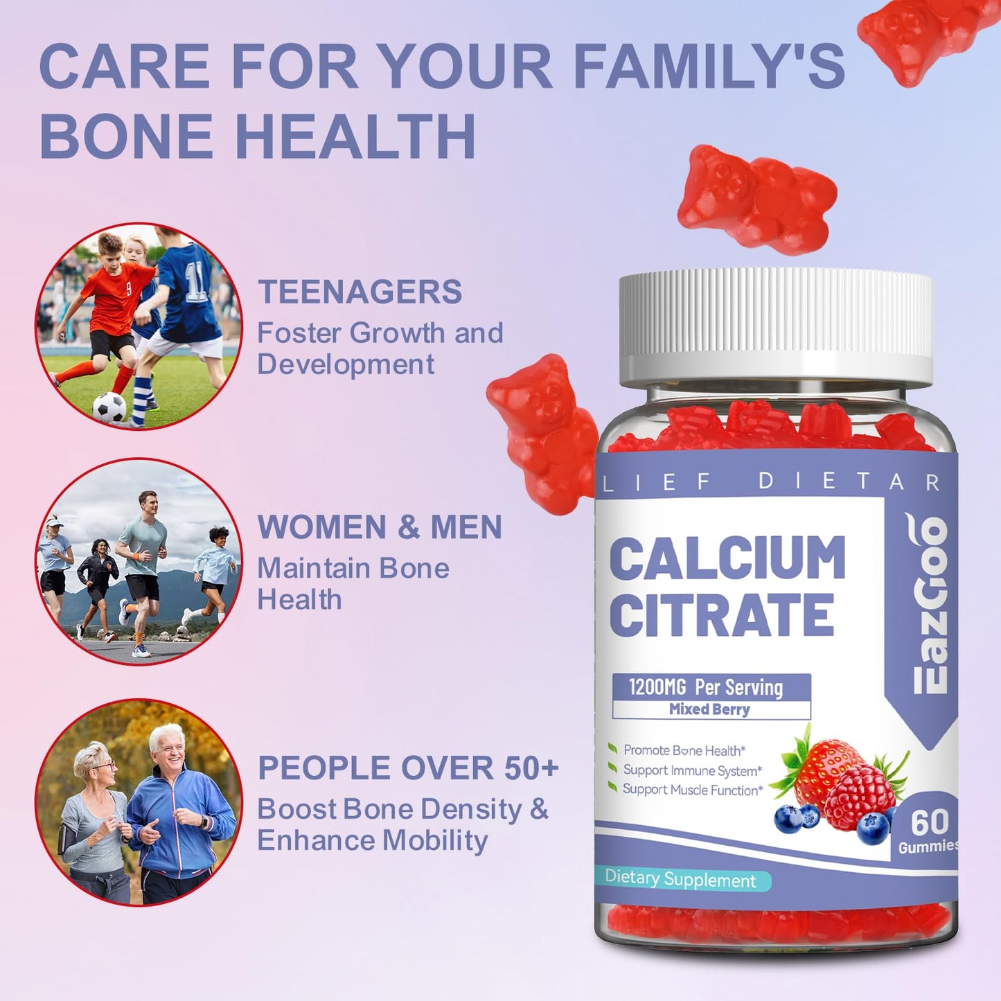 Calcium Citrate Gummies, Chewable 1200mg Calcium Gummies for Women & Men, Calcium Supplement for Muscle & Immune Support, - dailyvitalstore