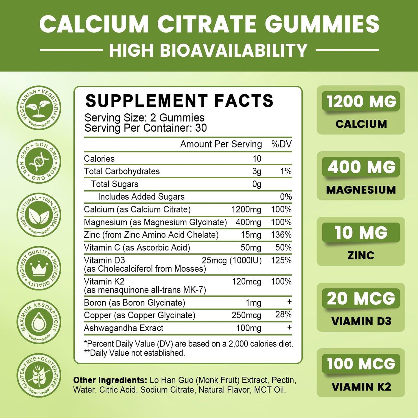 Calcium Citrate Gummies for Women, 1200mg Calcium Citrate Magnesium with Vitamin C D3 K2, Absorption Calcium Supplements for Bone, Muscle, Immune, Sugar Free (120Count) - dailyvitalstore