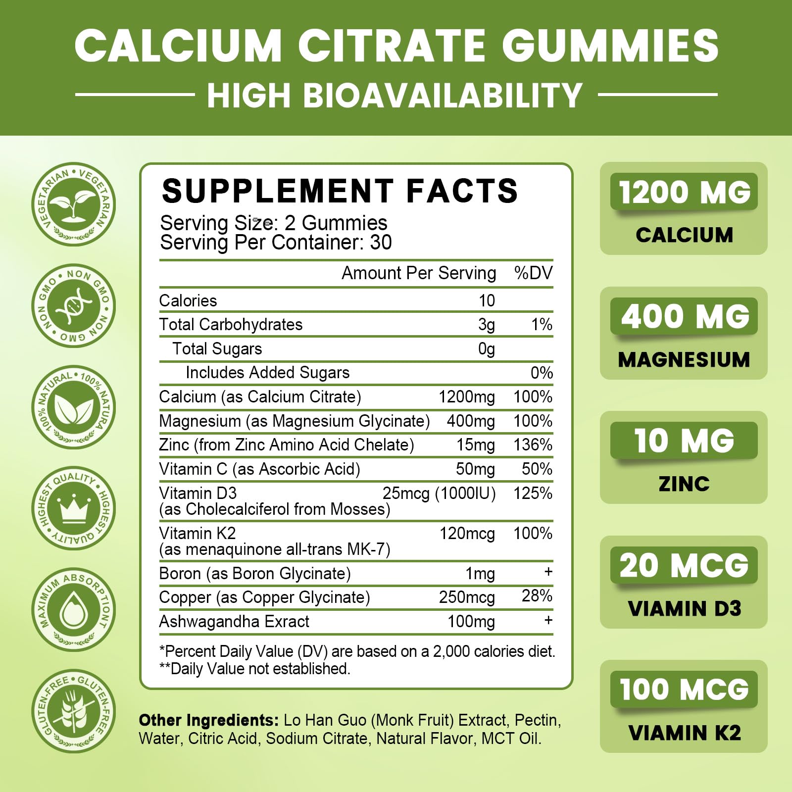 Calcium Citrate Gummies for Women, 1200mg Calcium Citrate Magnesium with Vitamin C D3 K2, Absorption Calcium Supplements for Bone, Muscle, Immune, Sugar Free (120Count) - dailyvitalstore