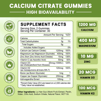Calcium Citrate Gummies for Women, 1200mg Calcium Citrate Magnesium with Vitamin C D3 K2, Absorption Calcium Supplements for Bone, Muscle, Immune, Sugar Free (120Count) - dailyvitalstore
