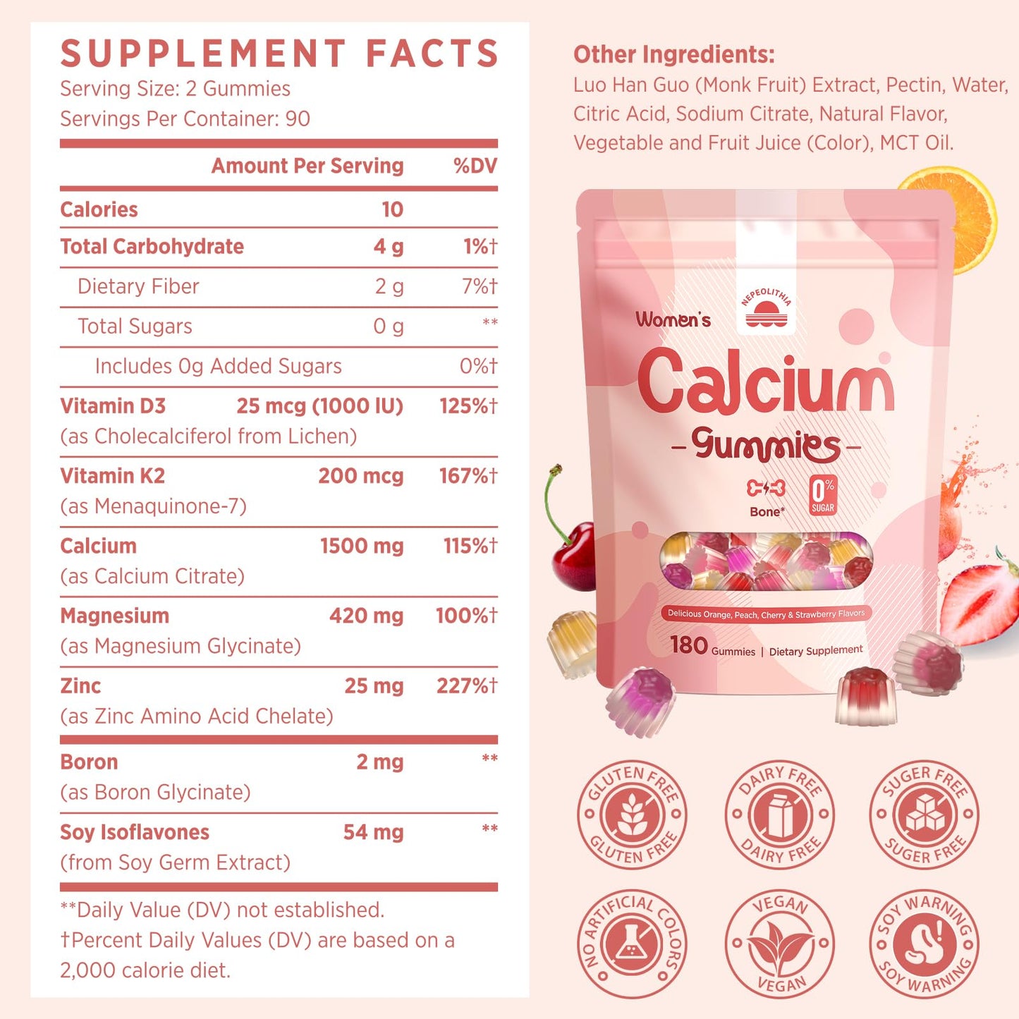 Calcium Gummies for Women – 1500mg Calcium Citrate with Vitamin D3, K2, Magnesium, Zinc, Boron & Soy Isoflavones – Calcium Supplement, Vegan, Zero Sugar, Mixed Fruit Flavors, 360 Count - dailyvitalstore