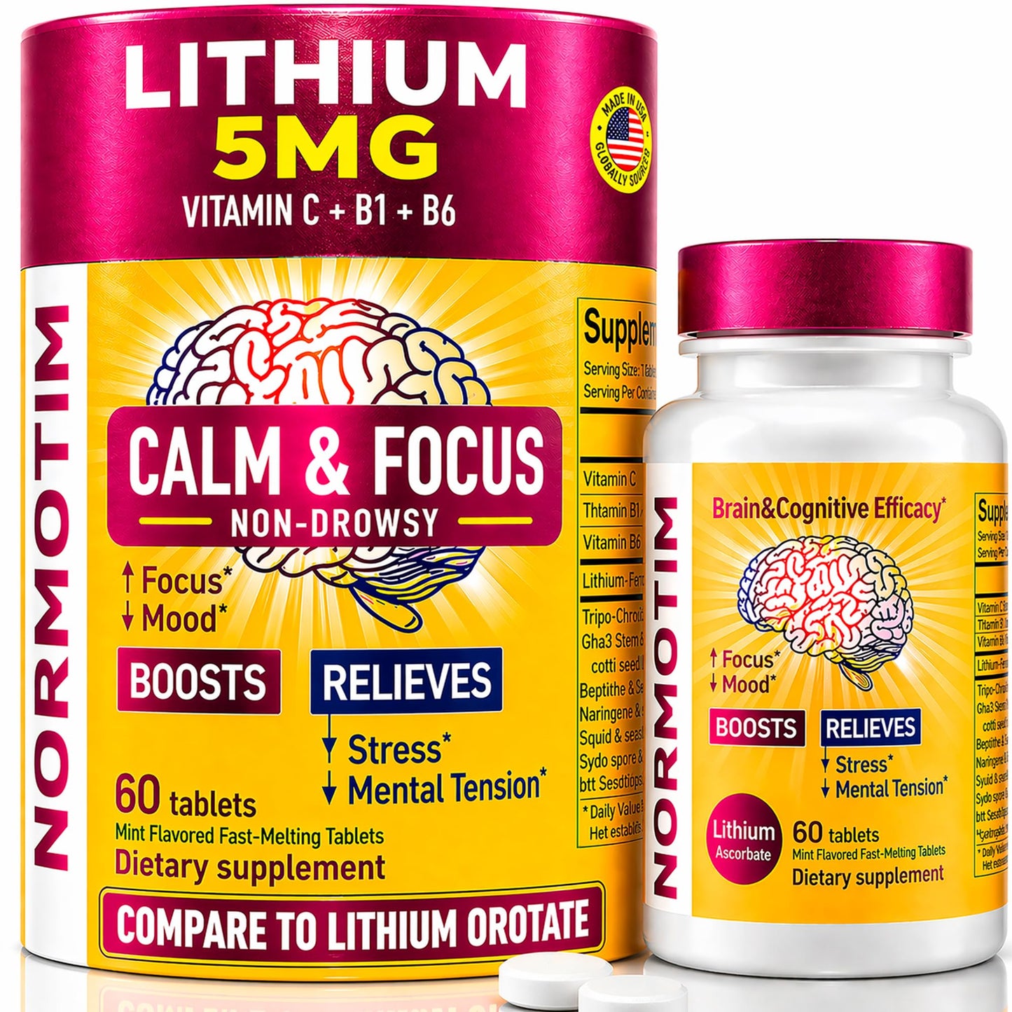 Calm & Focus Support – Lithium Ascorbate 5mg Fast-Dissolve Tablets with Vitamin C, B1 & B6 – Non-Drowsy Cognitive & Memory Support - dailyvitalstore