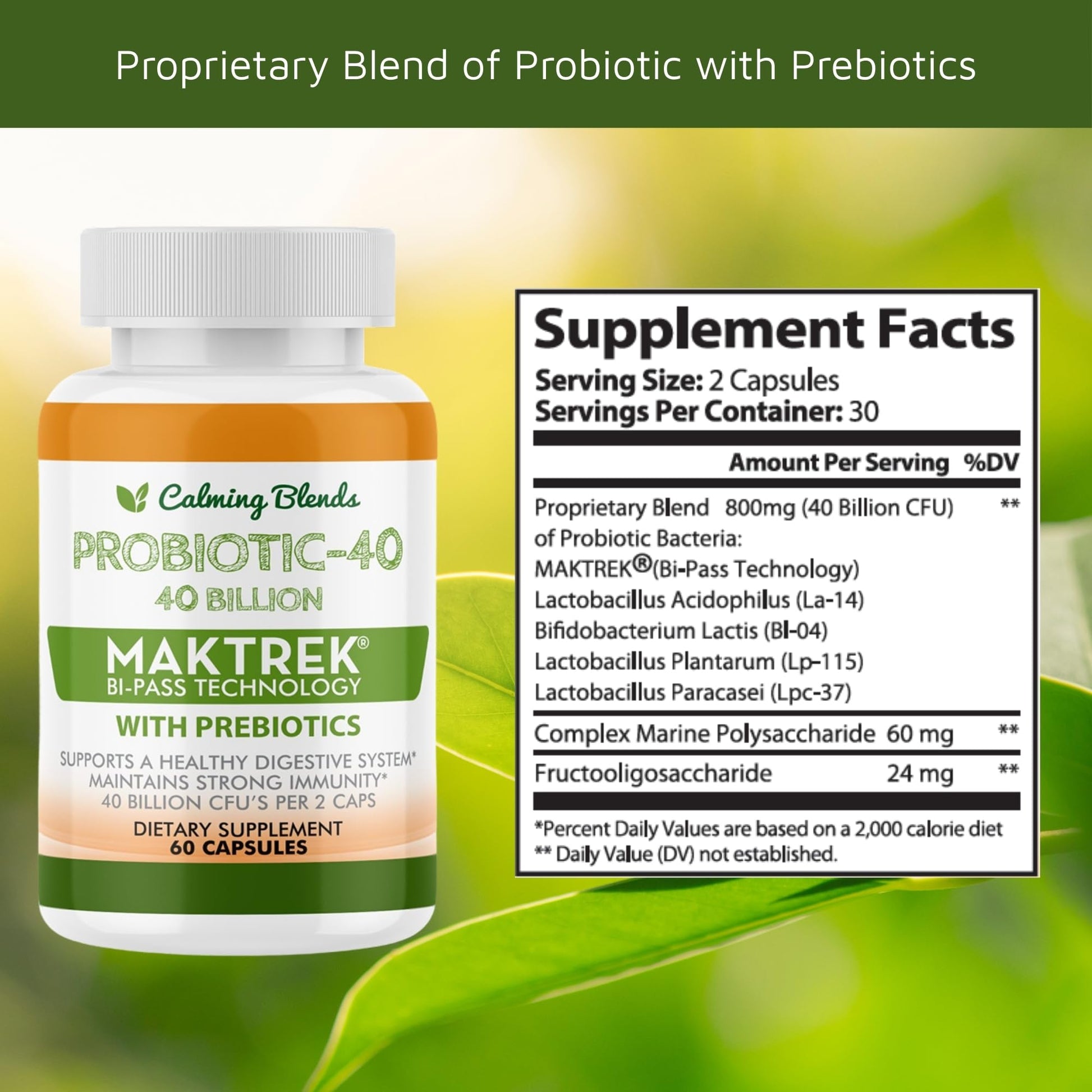 CALMING BLENDS Probiotic, 40 Billion CFU, Bi-Pass Delivery System for Maximum Effectiveness, Shelf Stable, 60 Vegetable Capsules - dailyvitalstore