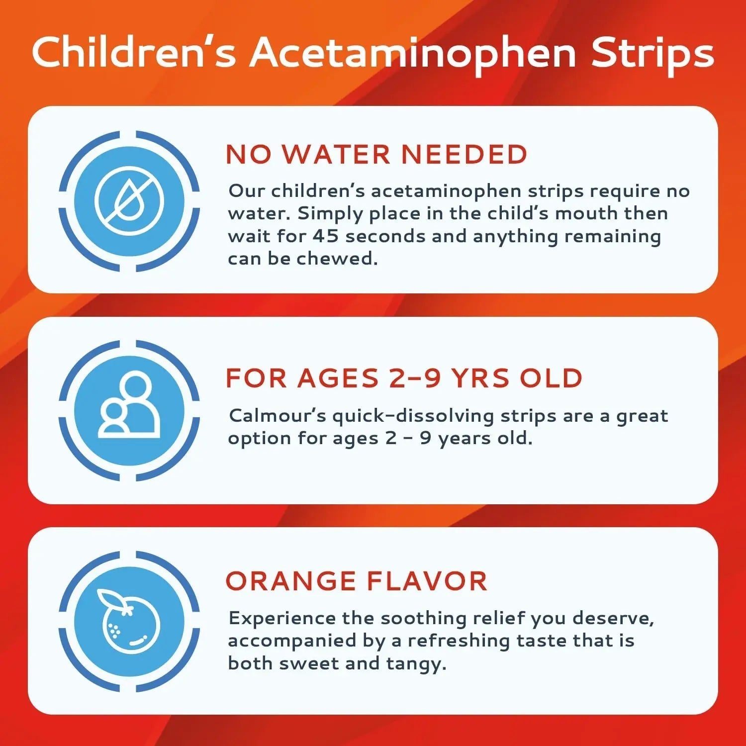 CALMOUR Children's Acetaminophen 36 Strips | Pain Reliever & Fever Reducer | Fast-Acting Support for Cold & Flu Symptoms | Oral Chewable Strips for Kids Ages 2-9 | Travel Size, Orange Flavor - dailyvitalstore