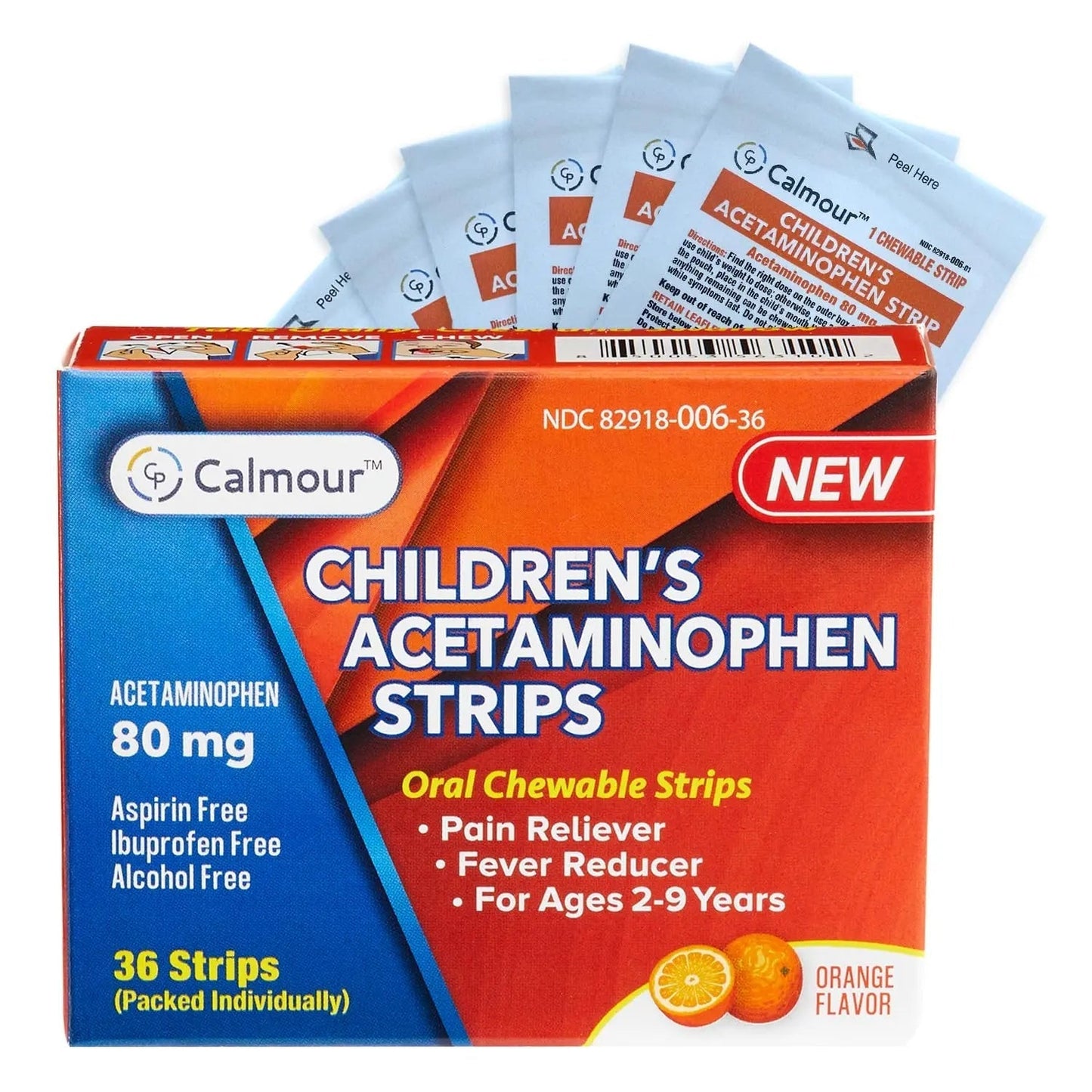 CALMOUR Children's Acetaminophen 36 Strips | Pain Reliever & Fever Reducer | Fast-Acting Support for Cold & Flu Symptoms | Oral Chewable Strips for Kids Ages 2-9 | Travel Size, Orange Flavor - dailyvitalstore