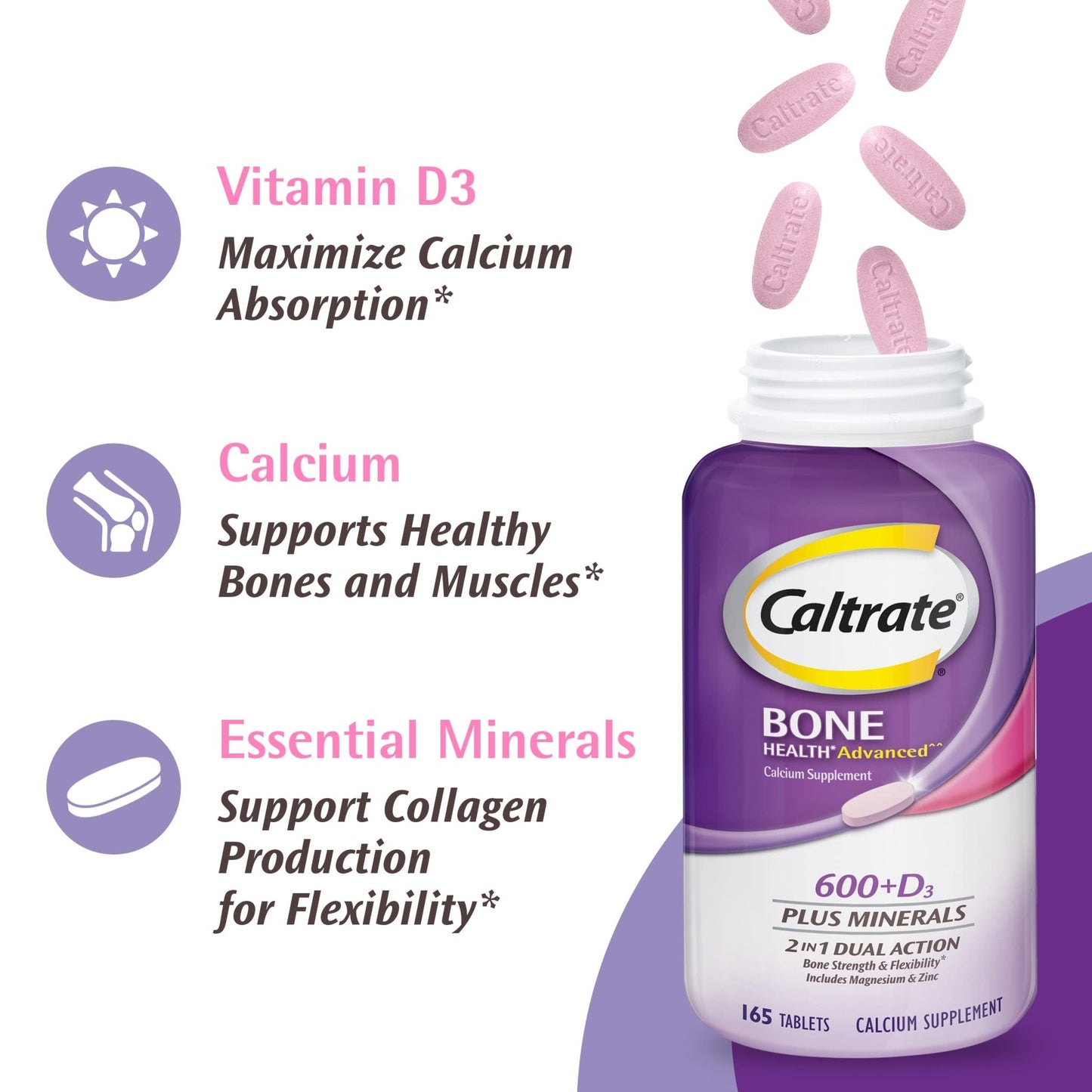 Caltrate 600 Plus D3 Plus Minerals Calcium and Vitamin D Supplement Tablets, Bone Health and Mineral Supplement for Adults - 165 Count - dailyvitalstore