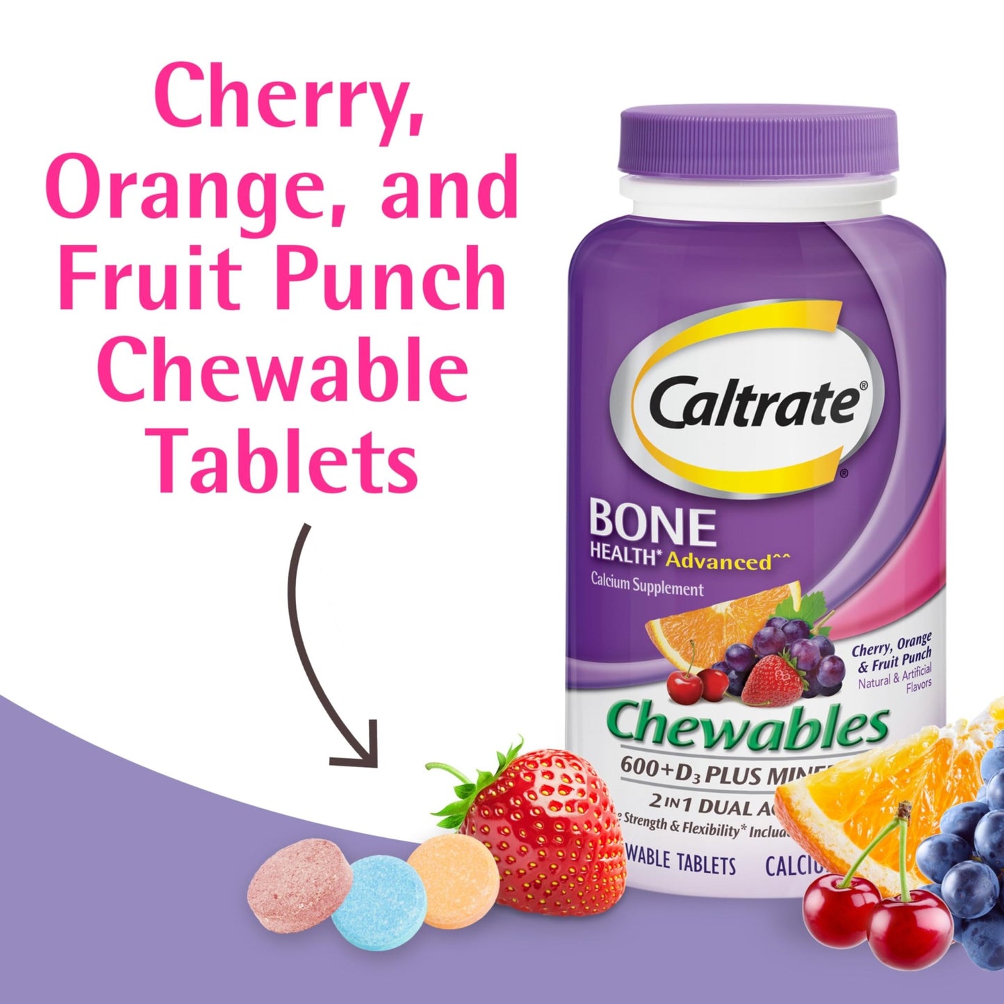 Caltrate Chewables 600 +D3 Plus Minerals Calcium and Vitamin D, Sugar Free, Cherry, Orange and Fruit Punch, 155 count - dailyvitalstore