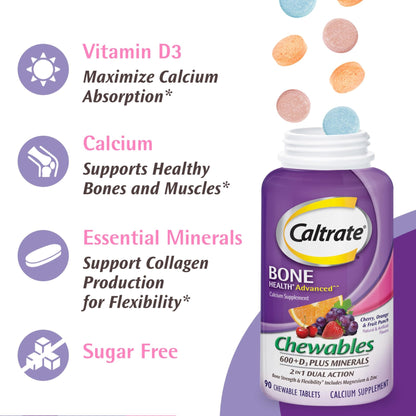 Caltrate Chewables 600 +D3 Plus Minerals Calcium and Vitamin D, Sugar Free, Cherry, Orange and Fruit Punch, 155 count - dailyvitalstore