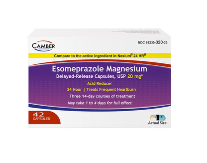 Camber Esomeprazole Magnesium USP 20mg, Delayed Release Capsules, Treats Frequent Heartburn (42 Count) - dailyvitalstore
