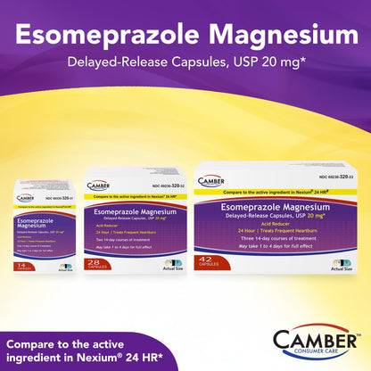 Camber Esomeprazole Magnesium USP 20mg, Delayed Release Capsules, Treats Frequent Heartburn (42 Count) - dailyvitalstore