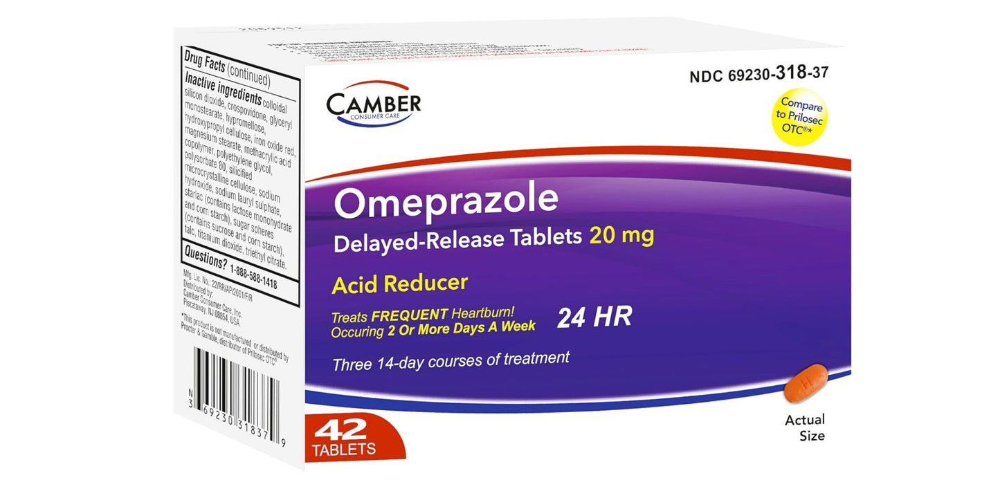 Camber Omeprazole 20mg Delayed-Release Tablets, Heartburn and Acid Reducer Reflux Medicine (42 Count) - dailyvitalstore