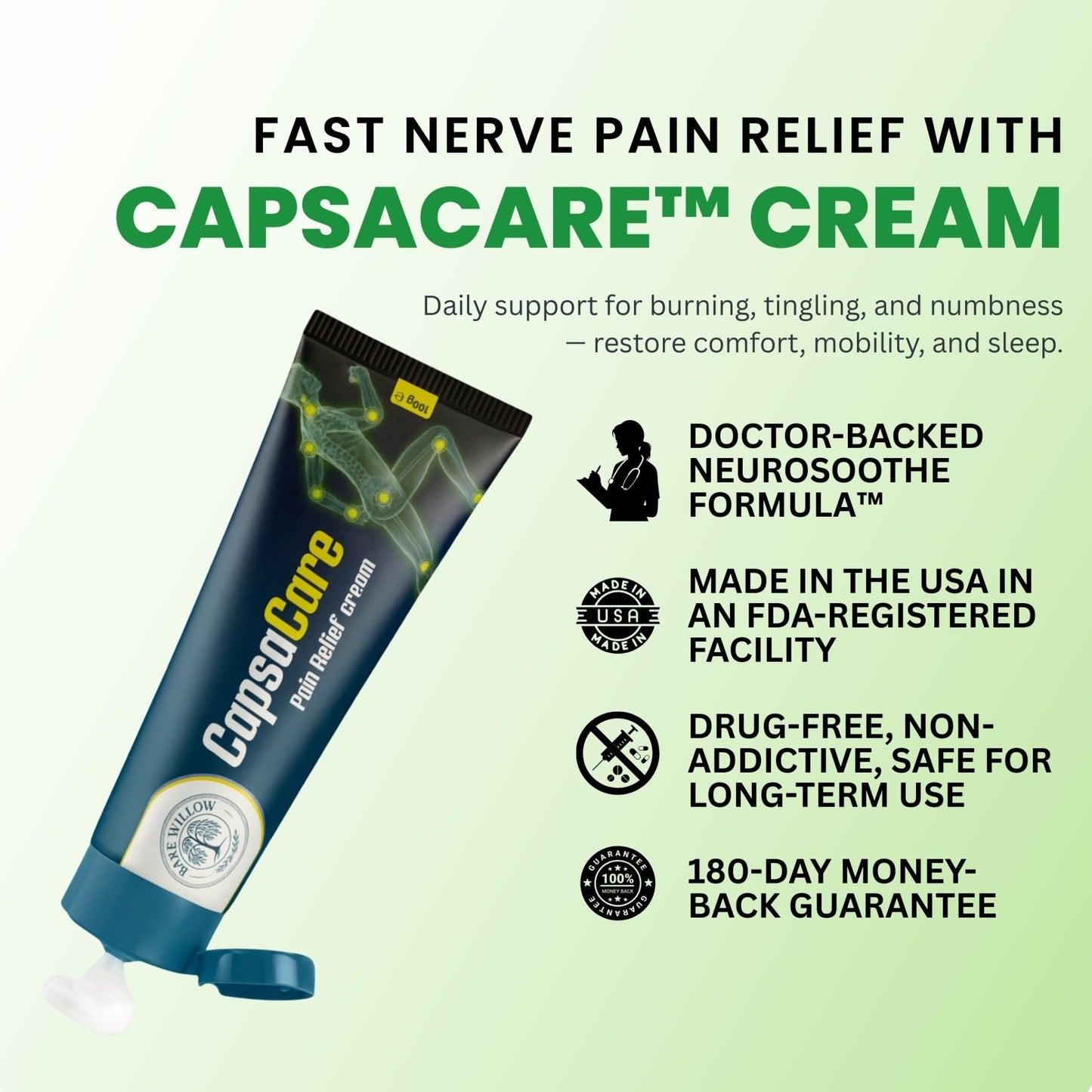 CapsaCare Cream with Capsaicin 0.125% & Magnesium, NeuroSoothe Blend with Arnica, Glucosamine, Menthol & Aloe, Fragrance Free, Non Greasy, Hydrating Topical Skin Cream for Men and Women, 100g (1 Pack) - dailyvitalstore