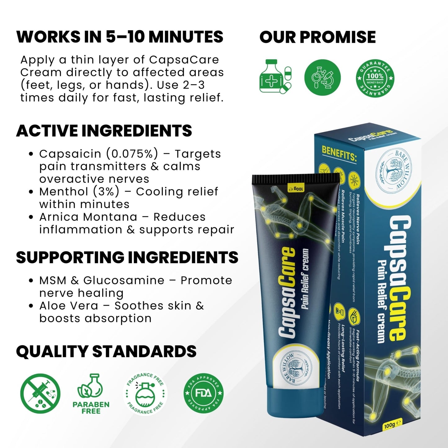 CapsaCare Cream with Capsaicin 0.125% & Magnesium, NeuroSoothe Blend with Arnica, Glucosamine, Menthol & Aloe, Fragrance Free, Non Greasy, Hydrating Topical Skin Cream for Men and Women, 100g (1 Pack) - dailyvitalstore