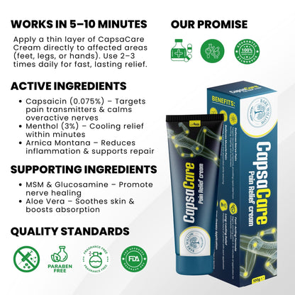 CapsaCare Cream with Capsaicin 0.125% & Magnesium, NeuroSoothe Blend with Arnica, Glucosamine, Menthol & Aloe, Fragrance Free, Non Greasy, Hydrating Topical Skin Cream for Men and Women, 100g (1 Pack) - dailyvitalstore