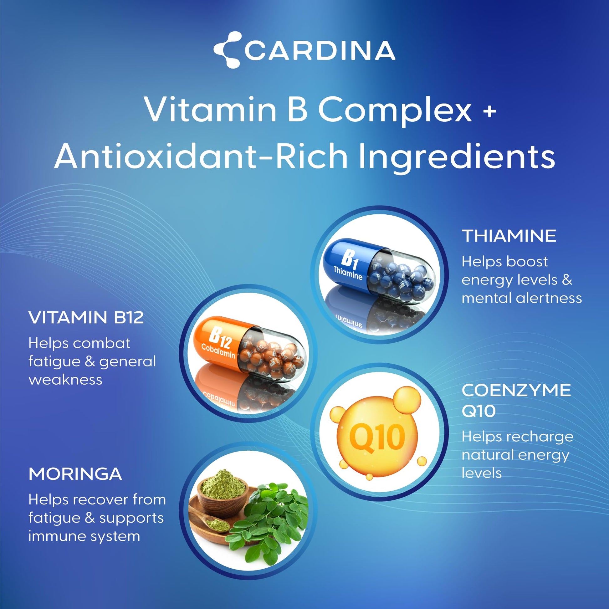 CARDINA B12 Vitamins for Women and Men - Brain Supplements for Memory and Focus with Thiamine B1 Supplement and COQ10 - Brain Memory Support - Non-GMO and Vegan B12 Supplement, 60 Ct - dailyvitalstore