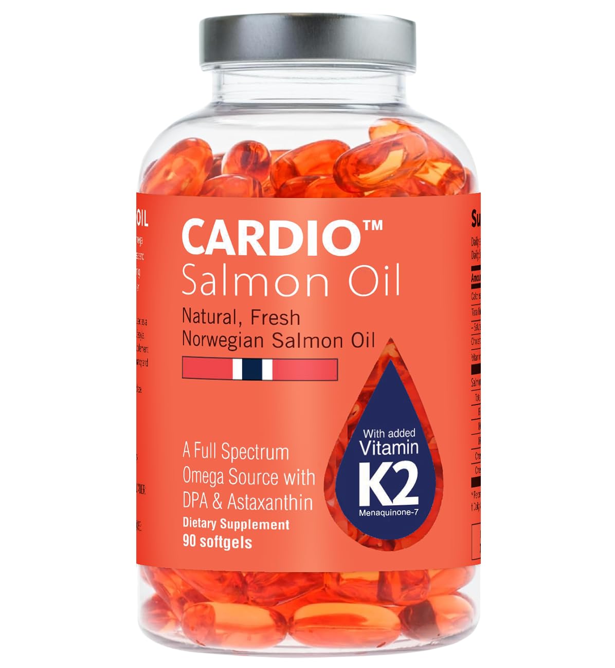 Cardio Omega 3 Fish Oil & Vitamin K2-1000mg, Norwegian Salmon Oil with EPA, DHA, DPA & Astaxanthin, No Fishy Aftertaste, Fatty Acids Supplement - 90 Capsules - dailyvitalstore