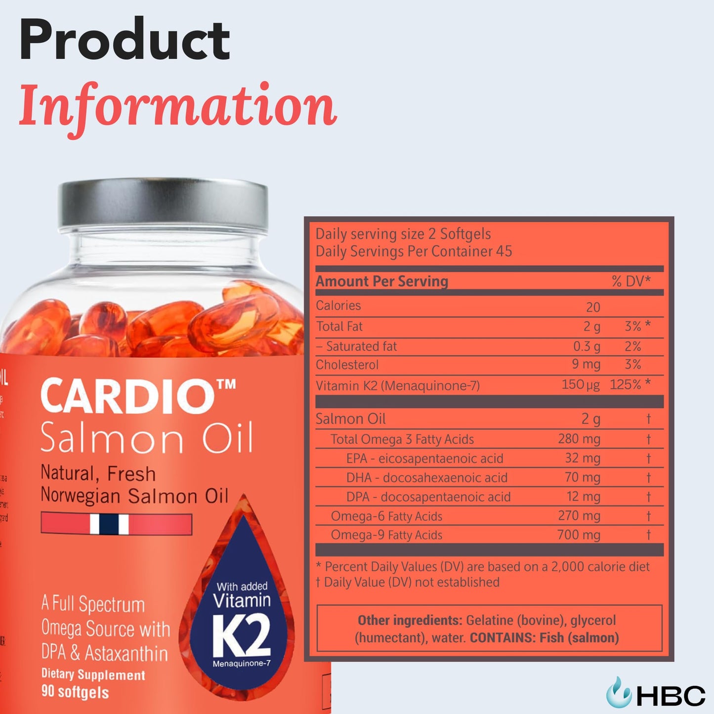 Cardio Omega 3 Fish Oil & Vitamin K2-1000mg, Norwegian Salmon Oil with EPA, DHA, DPA & Astaxanthin, No Fishy Aftertaste, Fatty Acids Supplement - 90 Capsules - dailyvitalstore