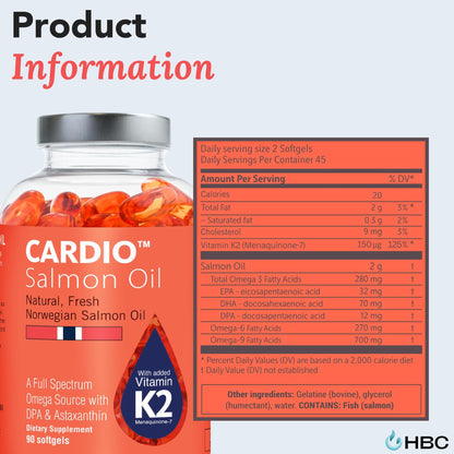 Cardio Omega 3 Fish Oil & Vitamin K2-1000mg, Norwegian Salmon Oil with EPA, DHA, DPA & Astaxanthin, No Fishy Aftertaste, Fatty Acids Supplement - 90 Capsules - dailyvitalstore