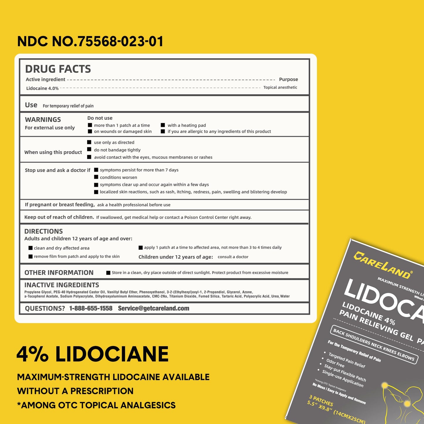 CARELAND 4% Extra Large Lidocaine Patches Maximum Strength Pain Relief Patch XL for Back & Shoulder,Back Pain Relief Products Patches & Flexible Fabric Numbs Away Pain, 6 Ct. - dailyvitalstore