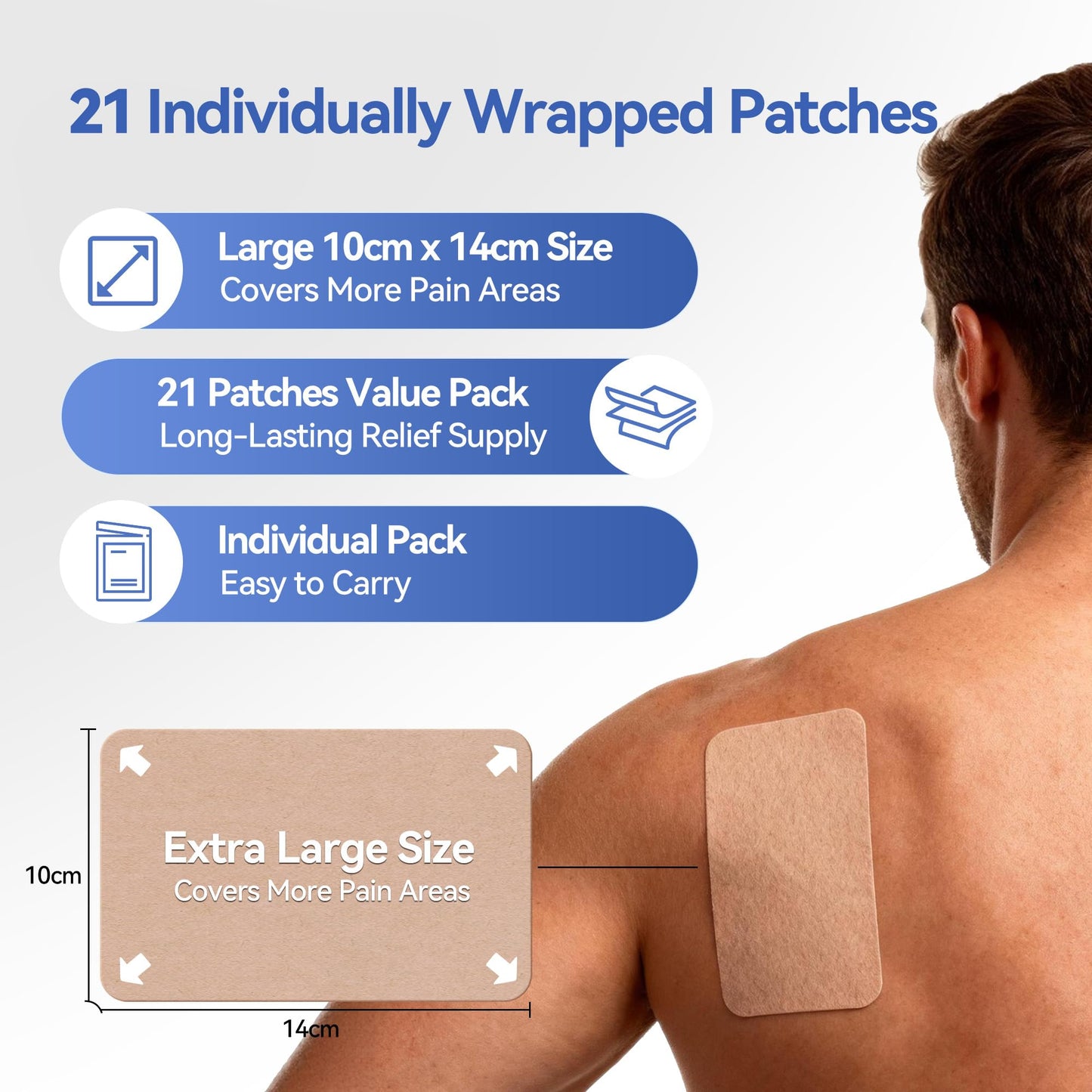 CARELAND 4% Lidocaine Patches Maximum Strength, 21 Count (10cm x 14cm) - OTC Pain Relief Patches with Stronger Adhesion for Back, Shoulder, Knee, Large Size - dailyvitalstore