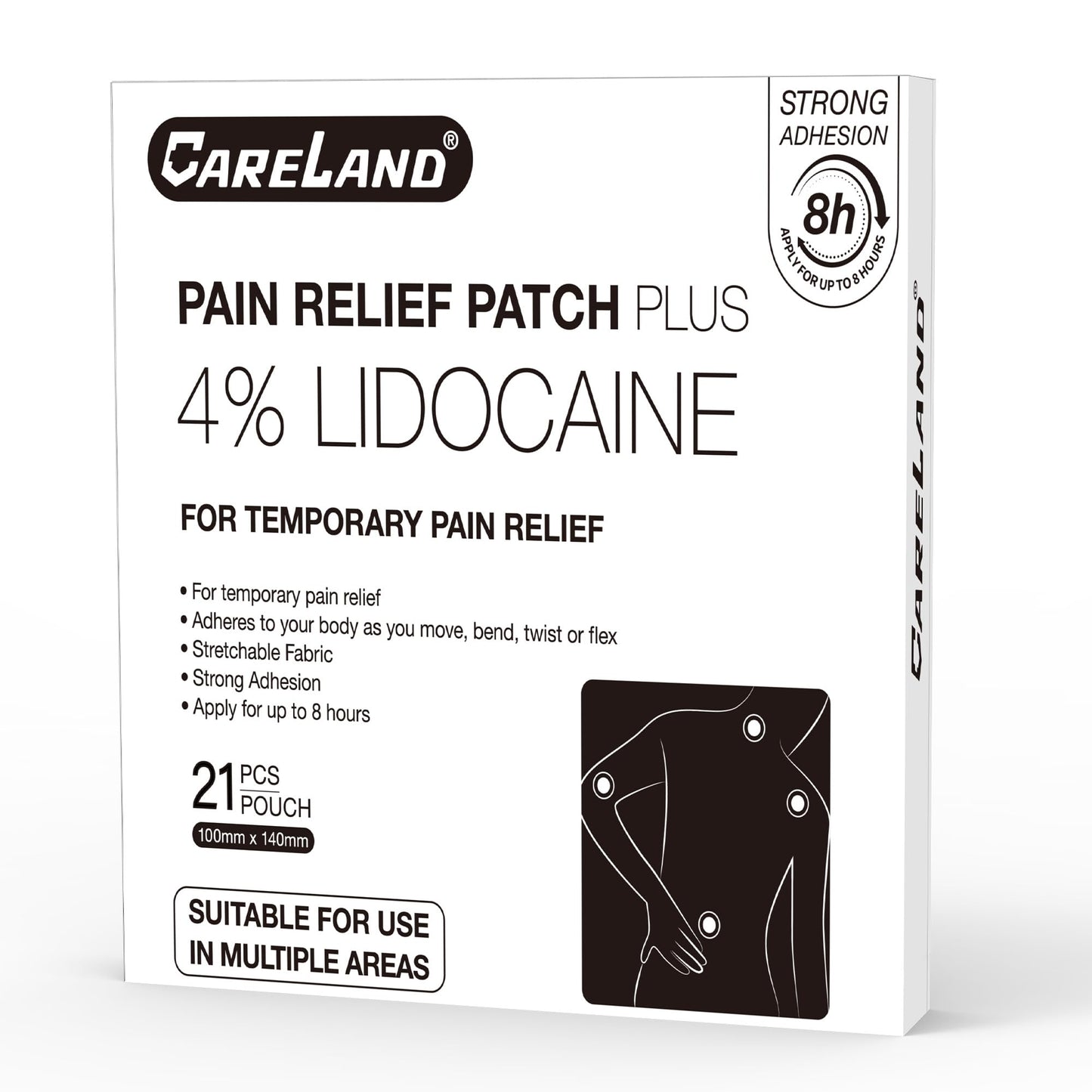CARELAND 4% Lidocaine Patches Maximum Strength, 21 Count (10cm x 14cm) - OTC Pain Relief Patches with Stronger Adhesion for Back, Shoulder, Knee, Large Size - dailyvitalstore