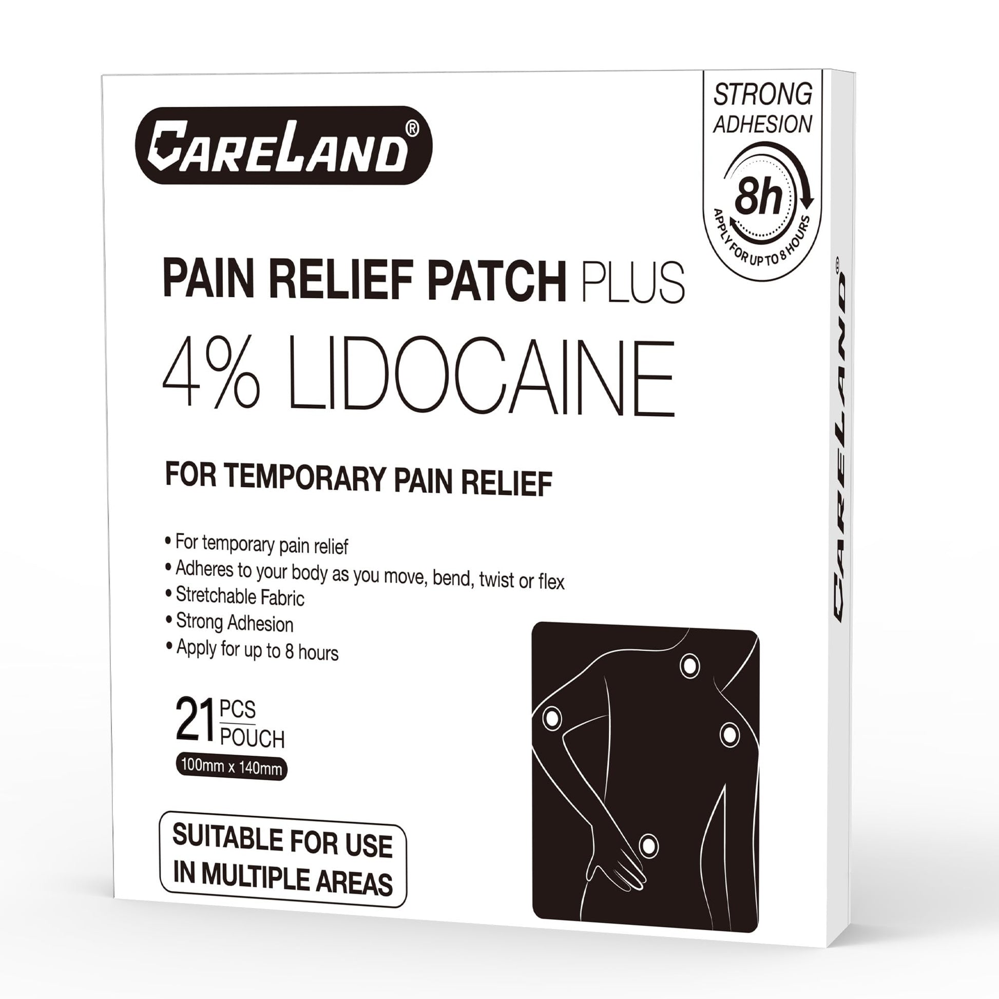 CARELAND 4% Lidocaine Patches Maximum Strength, 21 Count (10cm x 14cm) - OTC Pain Relief Patches with Stronger Adhesion for Back, Shoulder, Knee, Large Size - dailyvitalstore