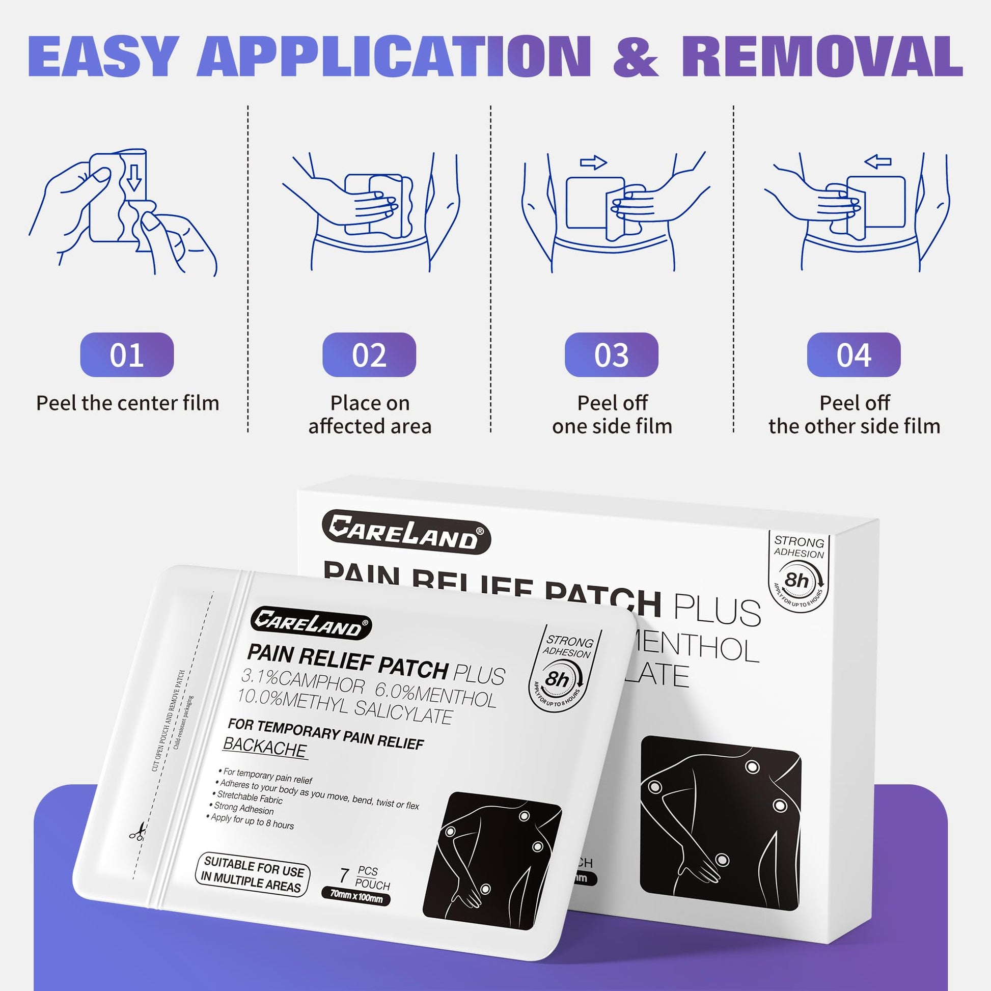 CARELAND Compound Pain Relief Patches, 56 Count (7cm x 10cm) - OTC with Stronger Adhesion for Back, Shoulder, Knee, Large Size - dailyvitalstore
