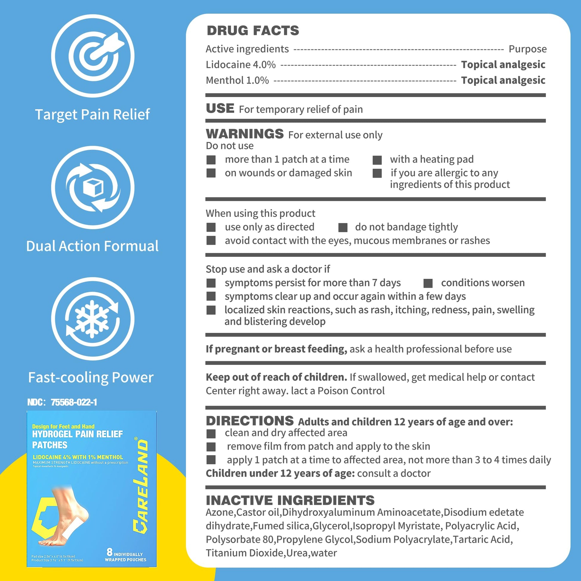 CARELAND Plantar Fasciitis Lidocaine Pain Patches with Hydrogel Technology- Waterproof with Sticky Border, 12 Hour Pain Relief - Contours to Your Foot - 16 Ct - dailyvitalstore