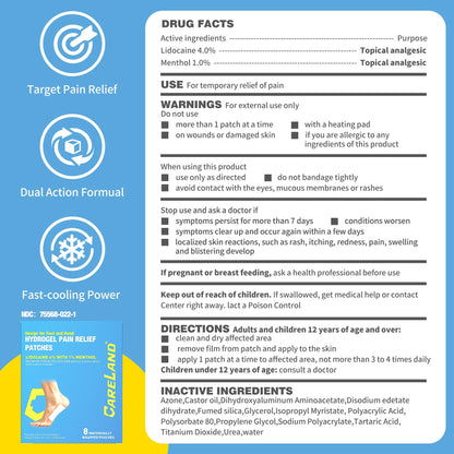 CARELAND Plantar Fasciitis Lidocaine Pain Patches with Hydrogel Technology- Waterproof with Sticky Border, 12 Hour Pain Relief - Contours to Your Foot - 16 Ct - dailyvitalstore