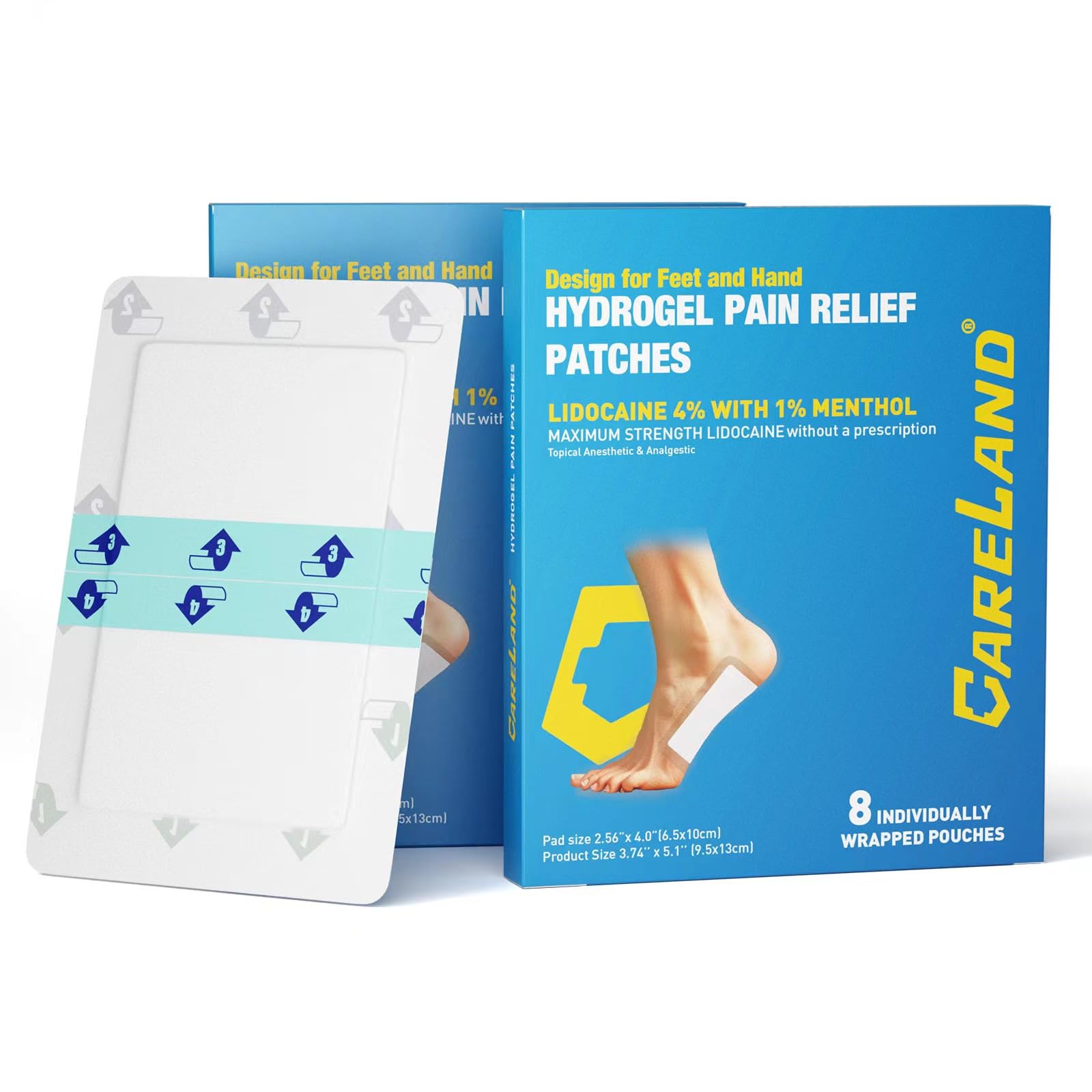 CARELAND Plantar Fasciitis Lidocaine Pain Patches with Hydrogel Technology- Waterproof with Sticky Border, 12 Hour Pain Relief - Contours to Your Foot - 16 Ct - dailyvitalstore