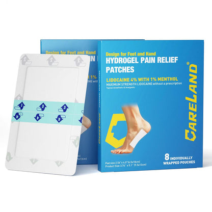 CARELAND Plantar Fasciitis Lidocaine Pain Patches with Hydrogel Technology- Waterproof with Sticky Border, 12 Hour Pain Relief - Contours to Your Foot - 16 Ct - dailyvitalstore