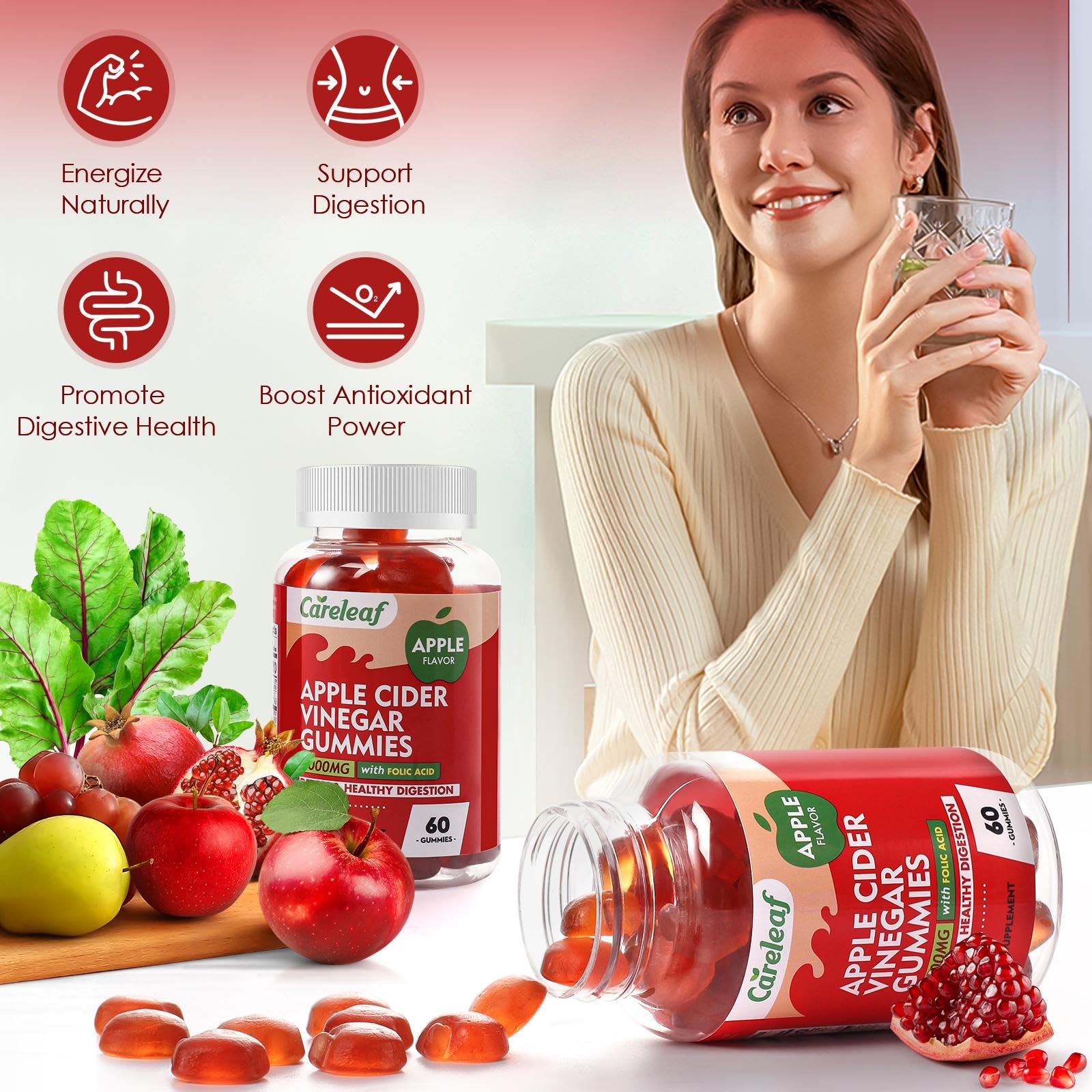 careleaf Apple Cider Vinegar Gummies, Metabolism Gummy with 1000mg AVC & Vitamin B6 Vitamin B12, ACV Gummies for Metabolism, - dailyvitalstore