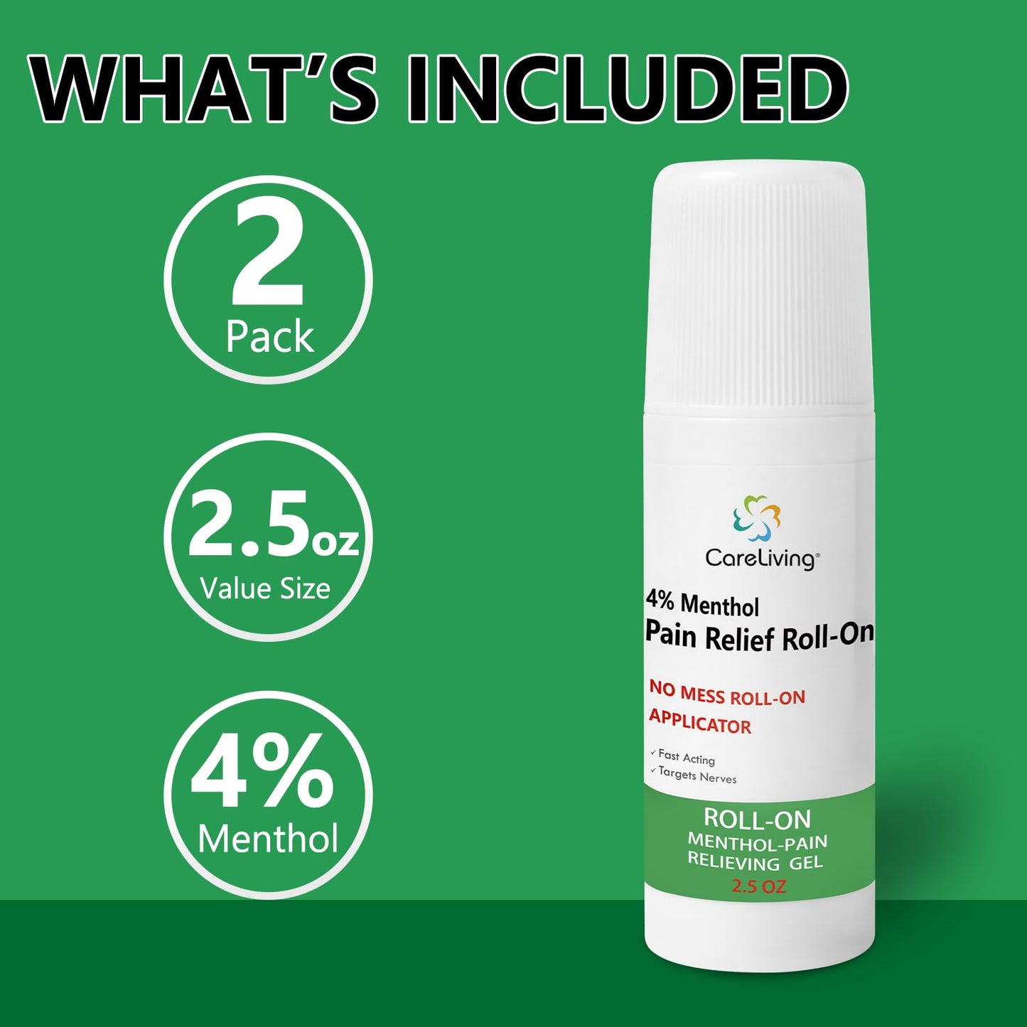 CARELIVING Roll On Pain Relief for Knee, Neck, Joint, Shoulder, Arthritis Pain Reliever, Sore Muscle Relief, Roll On Menthol Gel 2.5 Fl Oz (Pack of 2) - dailyvitalstore