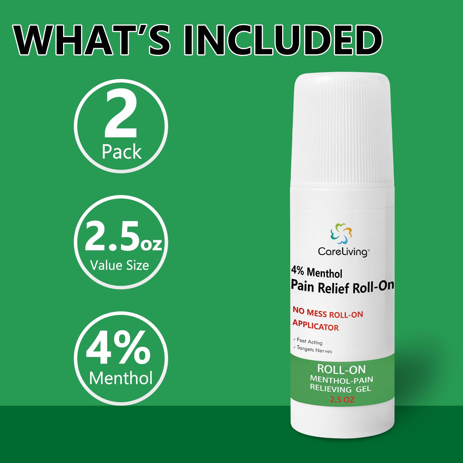 CARELIVING Roll On Pain Relief for Knee, Neck, Joint, Shoulder, Arthritis Pain Reliever, Sore Muscle Relief, Roll On Menthol Gel 2.5 Fl Oz (Pack of 2) - dailyvitalstore