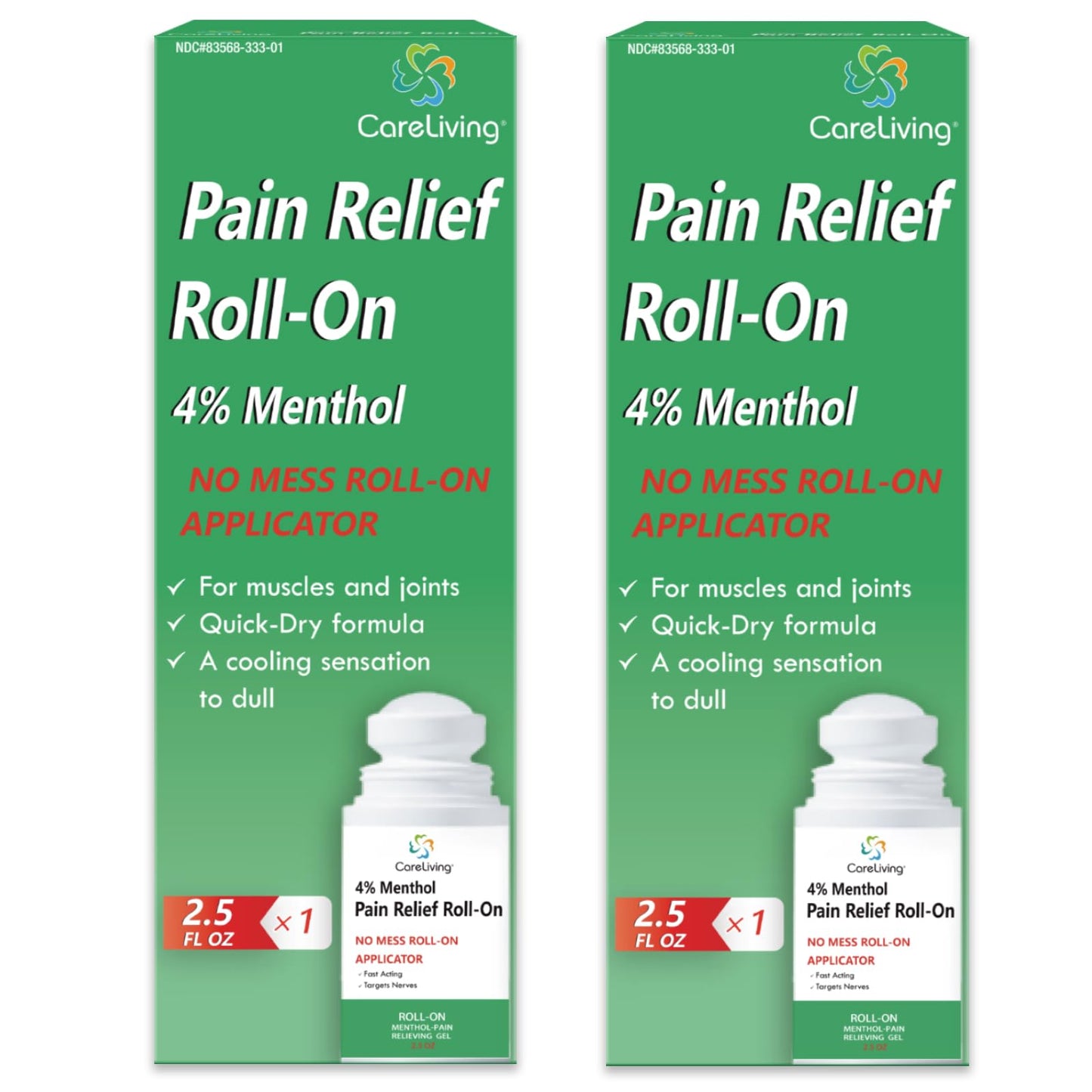 CARELIVING Roll On Pain Relief for Knee, Neck, Joint, Shoulder, Arthritis Pain Reliever, Sore Muscle Relief, Roll On Menthol Gel 2.5 Fl Oz (Pack of 2) - dailyvitalstore