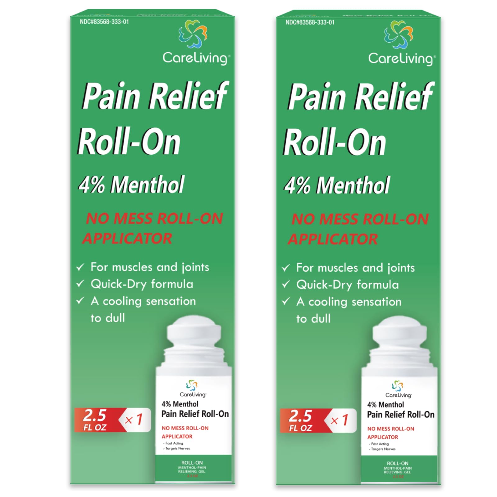 CARELIVING Roll On Pain Relief for Knee, Neck, Joint, Shoulder, Arthritis Pain Reliever, Sore Muscle Relief, Roll On Menthol Gel 2.5 Fl Oz (Pack of 2) - dailyvitalstore