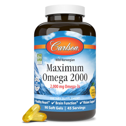 Carlson - Maximum Omega 2000, 2000 mg Omega-3s, Healthy Heart, Brain Function & Vision Support, Lemon, 90 soft gels - dailyvitalstore