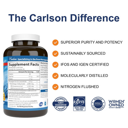 Carlson - Maximum Omega 2000, 2000 mg Omega-3s, Healthy Heart, Brain Function & Vision Support, Lemon, 90 soft gels - dailyvitalstore