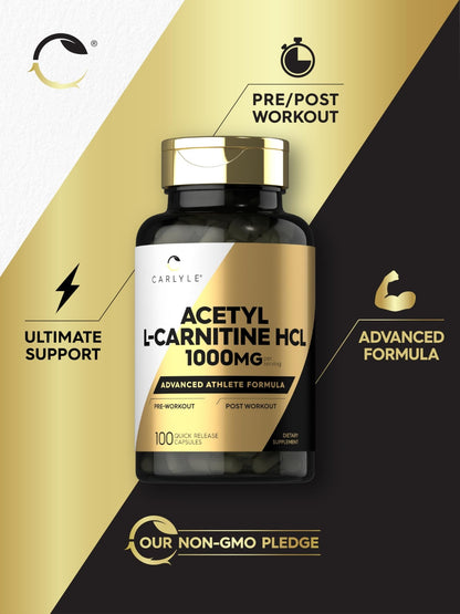 Carlyle Acetyl L-Carnitine HCL | 1000mg | 100 Capsules | Advanced Athlete Formula | Pre-Workout Supplement | Non-GMO & Gluten Free - dailyvitalstore