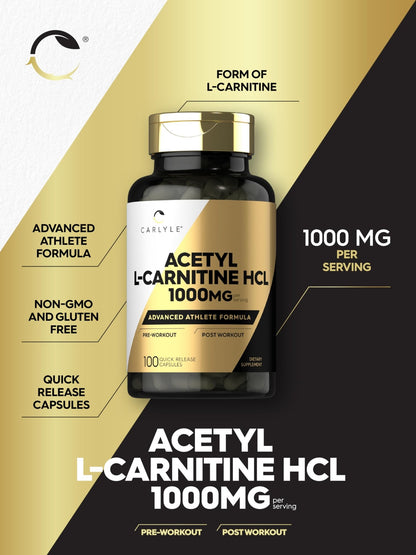 Carlyle Acetyl L-Carnitine HCL | 1000mg | 100 Capsules | Advanced Athlete Formula | Pre-Workout Supplement | Non-GMO & Gluten Free - dailyvitalstore