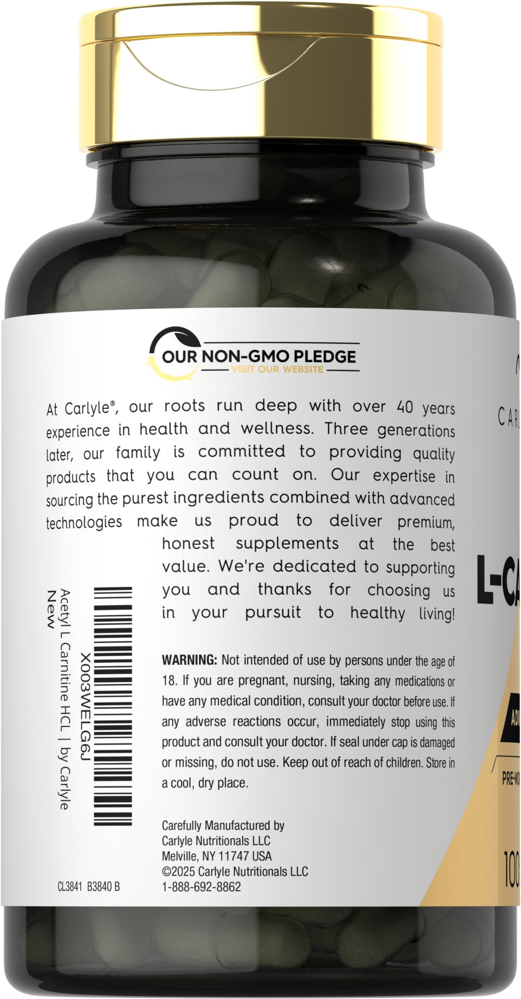 Carlyle Acetyl L-Carnitine HCL | 1000mg | 100 Capsules | Advanced Athlete Formula | Pre-Workout Supplement | Non-GMO & Gluten Free - dailyvitalstore