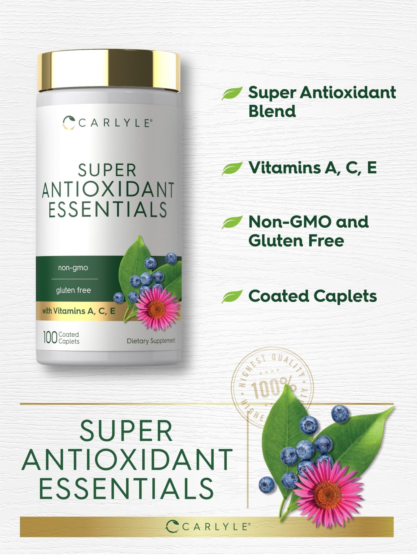 Carlyle Antioxidants Supplement | 100 Caplets | Nutritional Complex | Vitamin A, C, E | Non-GMO, Gluten Free Formula - dailyvitalstore