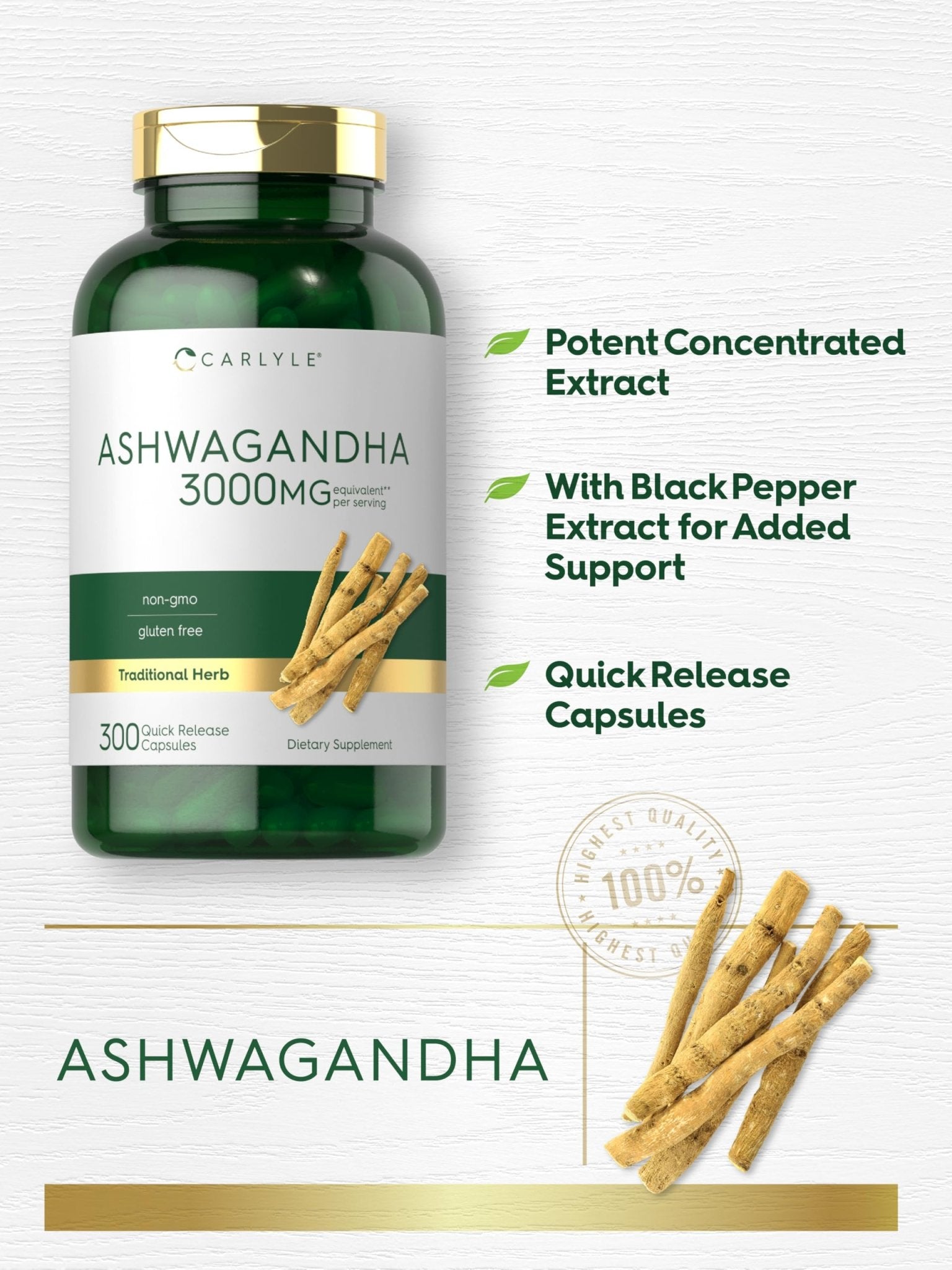 Carlyle Ashwagandha Supplement for Women and Men | 300 Capsules | Herb Root Extract with Black Pepper | Non-GMO and Gluten Free - dailyvitalstore