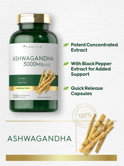 Carlyle Ashwagandha Supplement for Women and Men | 300 Capsules | Herb Root Extract with Black Pepper | Non-GMO and Gluten Free - dailyvitalstore