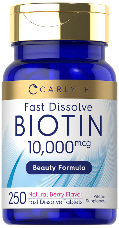 Carlyle Biotin 10000mcg | 250 Fast Dissolve Tablets | Max Strength | Vegetarian, Non-GMO, Gluten Free Supplement - dailyvitalstore