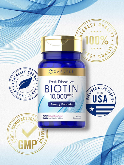Carlyle Biotin 10000mcg | 250 Fast Dissolve Tablets | Max Strength | Vegetarian, Non-GMO, Gluten Free Supplement - dailyvitalstore