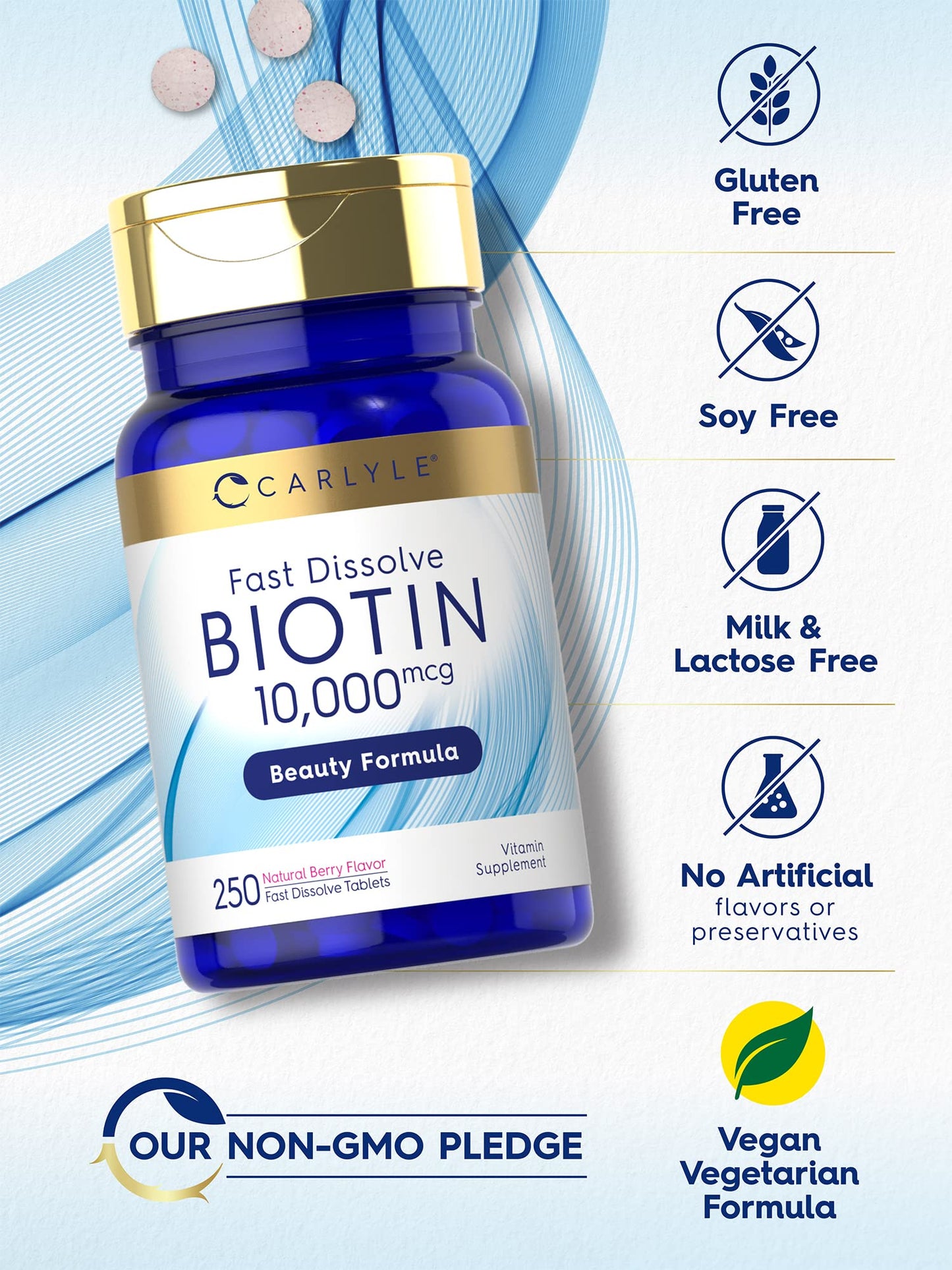 Carlyle Biotin 10000mcg | 250 Fast Dissolve Tablets | Max Strength | Vegetarian, Non-GMO, Gluten Free Supplement - dailyvitalstore