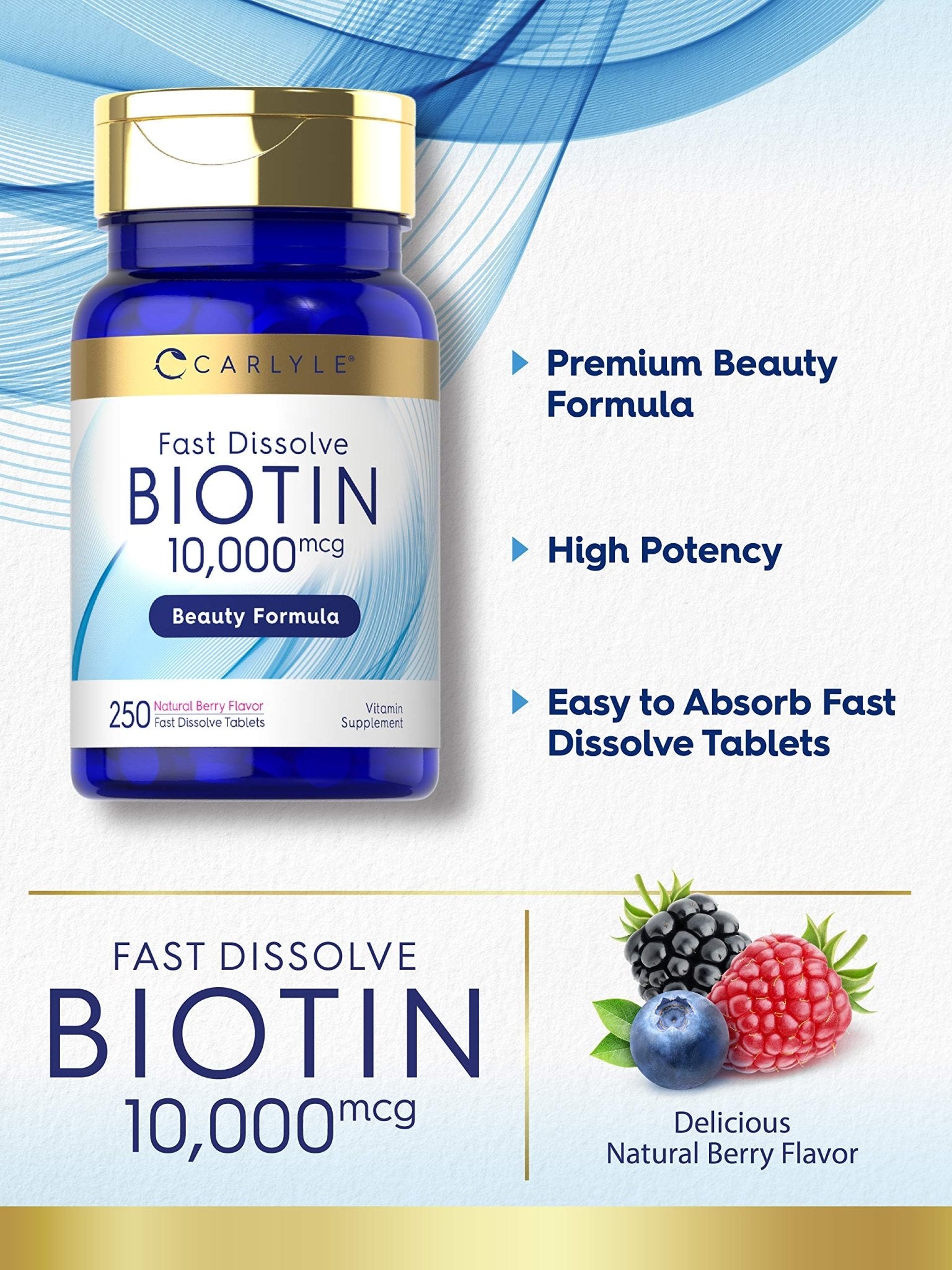 Carlyle Biotin 10000mcg | 250 Fast Dissolve Tablets | Max Strength | Vegetarian, Non-GMO, Gluten Free Supplement - dailyvitalstore