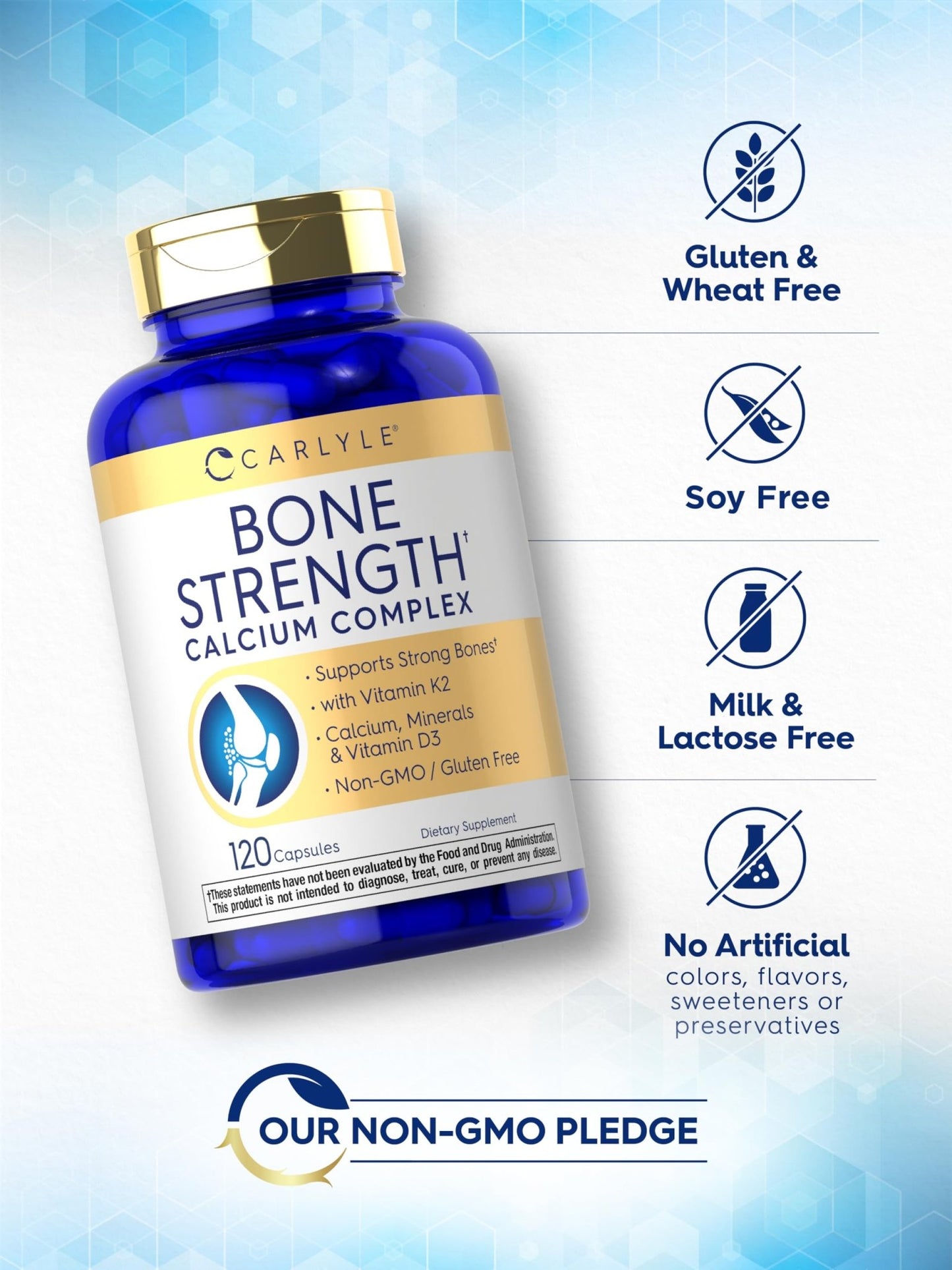 Carlyle Bone Strength Calcium Complex Supplement | with Vitamin D3, Magnesium, K2, Zinc & Boron | 120 Capsules | Non-GMO, Gluten Free - dailyvitalstore
