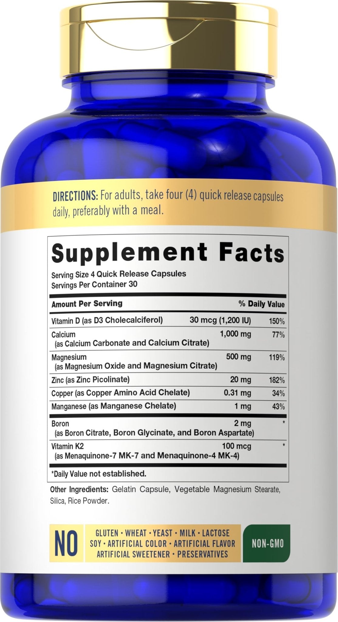 Carlyle Bone Strength Calcium Complex Supplement | with Vitamin D3, Magnesium, K2, Zinc & Boron | 120 Capsules | Non-GMO, Gluten Free - dailyvitalstore